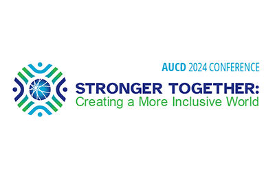 Image of a globe with a burst of lines encircled by lines. Text AUCD 2024 Conference Stronger Together: Creating a More Inclusive World