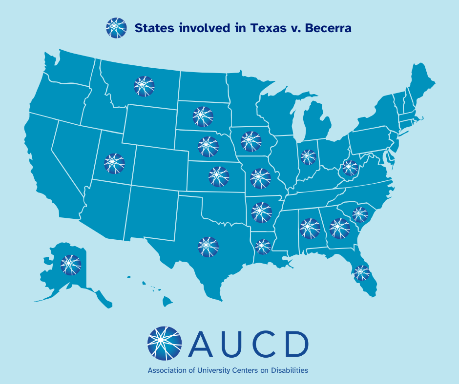 Image of the U.S. map with the AUCD globe overlaying the 17 states involved in the lawsuit: Montana, South Dakota, Nebraska, Kansas, Iowa, Missouri, Arkansas, Louisiana, Utah, Texas, Indiana, Alabama, Georgia, Florida, South Carolina, West Virginia, and Alaska. 