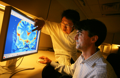 Two men in an office are looking at a monitor displaying a brain scan.