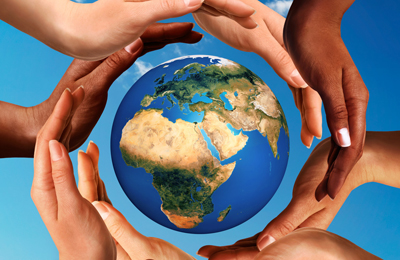 Globe of the world with hands supporting it.