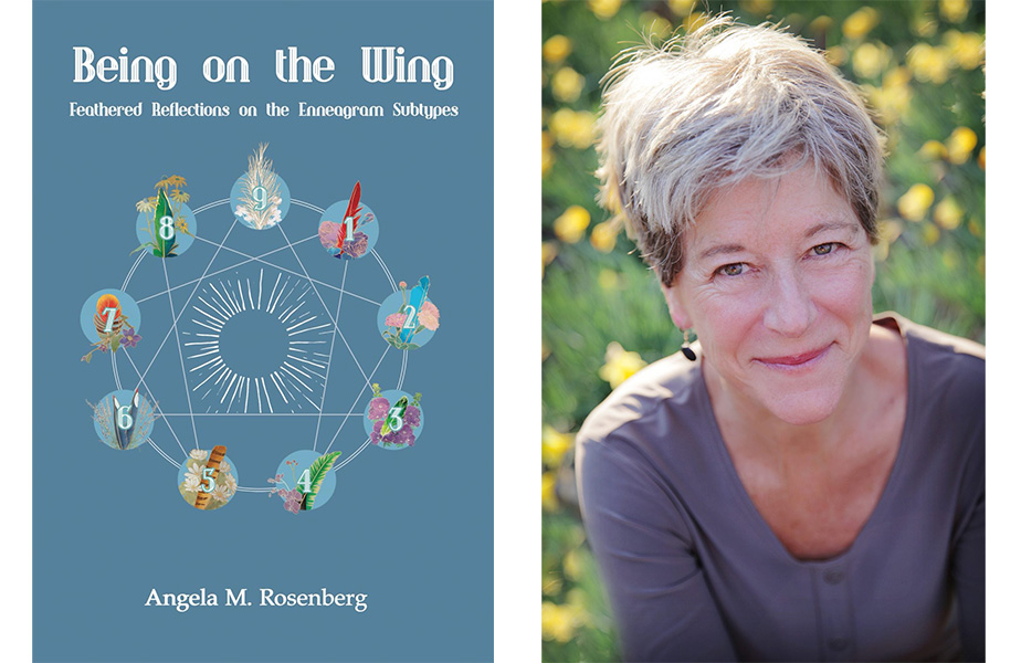 A "book cover" photo: Book Cover of Being on The Wing and features the Enneagram diagram with images of bird feathers and flowers at each of the nine points of the Enneagram.  Angela Rosenberg pictured with grey long sleeve shirt, short hair, and grass background.