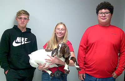 Billy” the goat, one of the therapy animals from WhistleStop Acres with iGrow students 