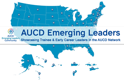 US Map with markers indicating which states have members. Text: AUCD Emerging Leaders Showcasing Trainee & Early Career Leaders in the AUCD Network