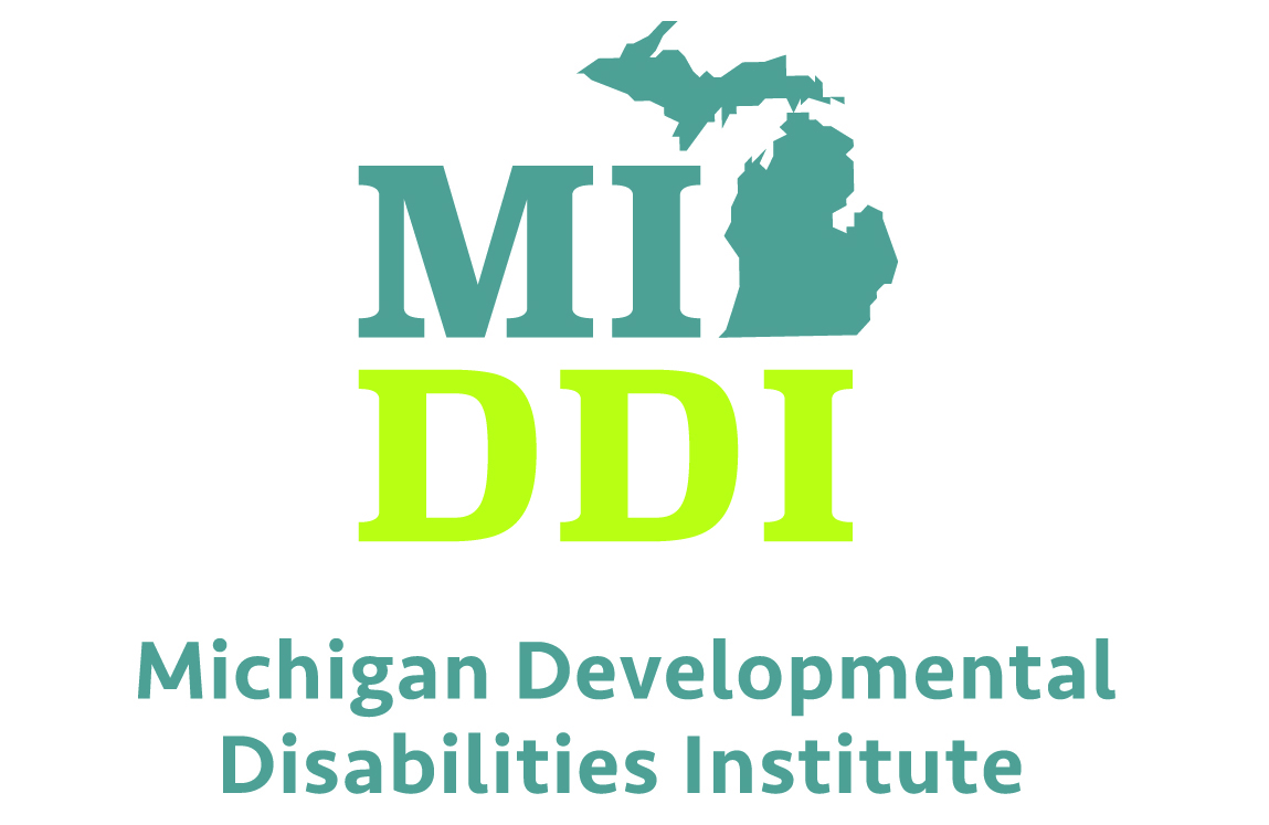 Logo for the Michigan Developmental Disabilities Institute (MI-DDI). The design features the outline of Michigan in teal above the bold initials 'MI DDI' with 'MI' in teal and 'DDI' in bright green. Below, the full name 'Michigan Developmental Disabilities Institute' is written in teal text.